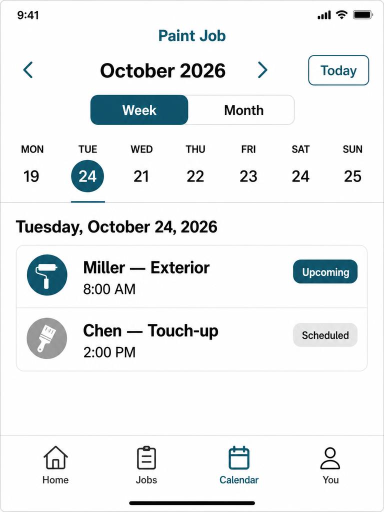 Paint Job weekly calendar showing two jobs on Tuesday